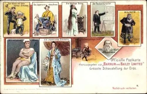 Litho Zirkus Barnum & Bailey, bärtige Dame, Pudelmensch, Rechenkünstler, Japanerin ohne Arme