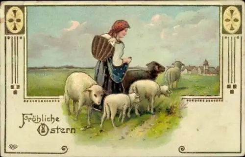 Präge Litho Glückwunsch Ostern, Frau mit Schafen