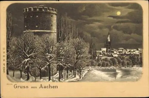 Winter Litho Aachen, Ortsansicht im Winter, Turm