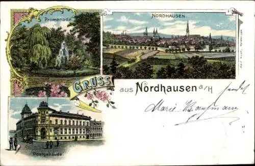 Litho Nordhausen am Harz, Promenade, Post, Totalansicht