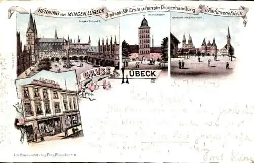 Litho Hansestadt Lübeck, Marktplatz, Burgtor, Holstentor, Bahnhof, Geschäftshaus Henning von Minden