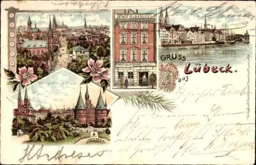 Litho Hansestadt Lübeck, Panorama, Hafen, Trave, Holstentor, Gasthaus Stadt Oldesloe