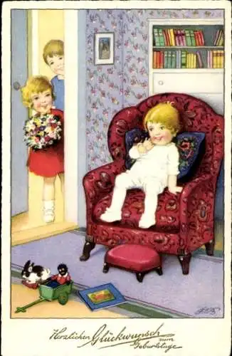 Künstler Ak Baumgarten, F., Glückwunsch zum Geburtstag, Geburtstagskind, Besuch, Blumenstrauß