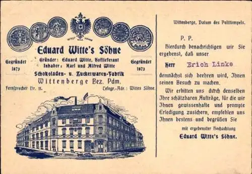 Ak Wittenberge an der Elbe Prignitz, Schokoladen- und Zuckerwaren-Fabrik Eduard Witte's Söhne