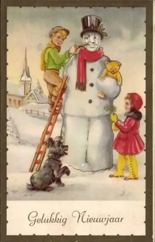 Ak Glückwunsch Neujahr, Kinder bauen einen Schneemann, Teddy, Hund