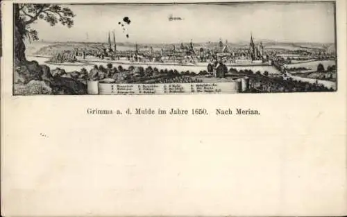 Künstler Ak Merian, Grimma in Sachsen, Stadtpanorama aus dem Jahre 1650