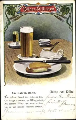 Künstler Ak Köln am Rhein, Kölner Stillleben, Der halven Hahn, Bierglas