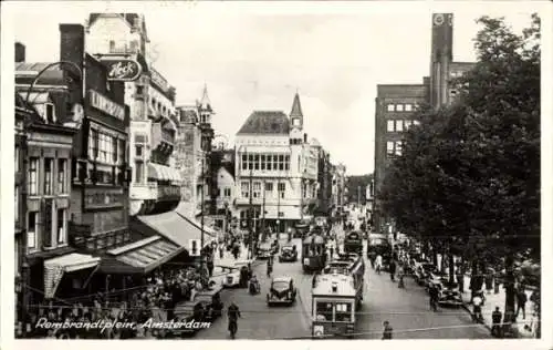 Ak Amsterdam Nordholland Niederlande, Rembrandtplein, Geschäfte, Straßenbahn