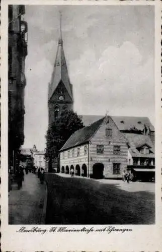 Ak Flensburg in Schleswig Holstein, St. Marienkirche, Schrangen, Ortspartie mit Kirche