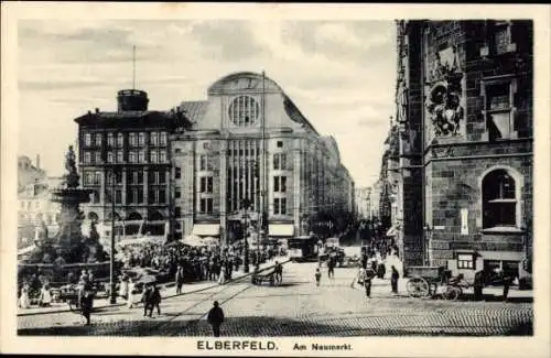 Ak Elberfeld Wuppertal, Neumarkt, Brunnen, Straßenbahn