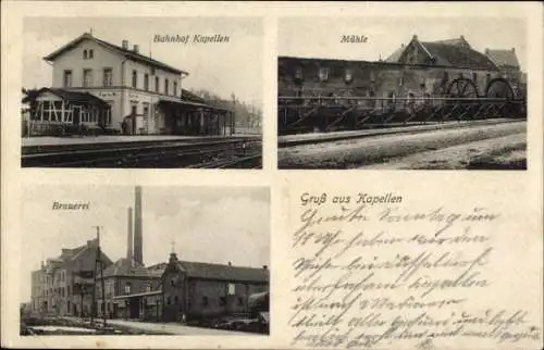 Ak Capellen an der Erft Kapellen Grevenbroich Westfalen, Brauerei, Bahnhof Gleisseite, Mühle