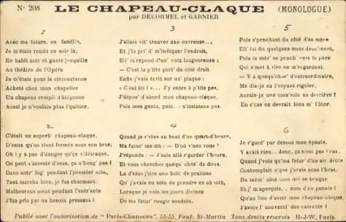 Lied Ak Le Chapeau-Claque, Monologue, Delormel, Garnier