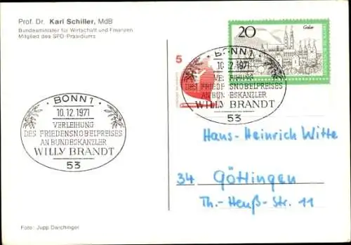 Ak Prof. Dr. Karl  Schiller, Bundesminister für Wirtschaft, SPD, Autogramm