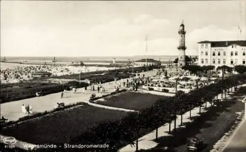 Ak Ostseebad Warnemünde Rostock in Mecklenburg, Strandpromenade, Leuchtturm, Hotel