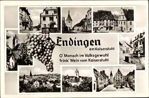 Ak Endingen am Kaiserstuhl, Spruch, Weinrebe, Kirche, Teilansicht, Brunnen