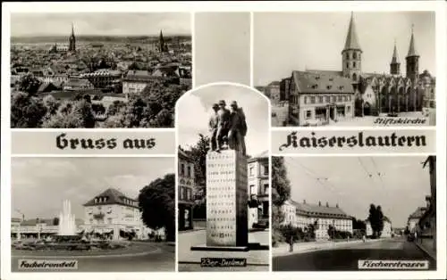 Ak Kaiserslautern in der Pfalz, Gesamtansicht, Stiftskirche, Fischerstraße, 23er-Denkmal, Fontäne