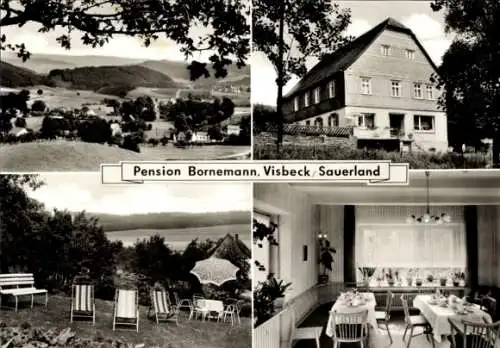 Ak Visbek Visbeck in Oldenburg, Pension Bornemann, Panorama, Terrasse, Gastraum, Außenansicht