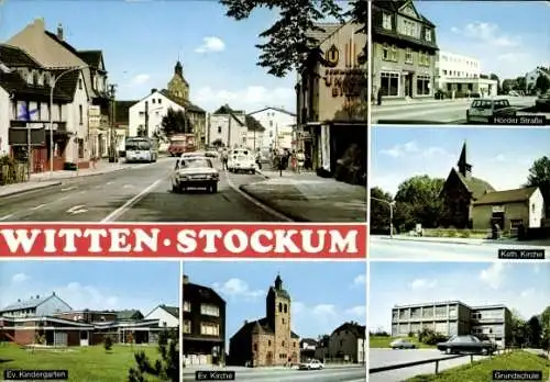 Ak Stockum Witten an der Ruhr, evangelischer Kindergarten, Kirche, Grundschule, Hörder Straße