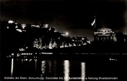 Ak Koblenz am Rhein, Beleuchtung bei Nacht, Deutsches Eck, Bundesfahne, Festung Ehrenbreitstein