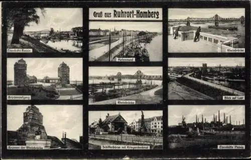 Ak Homberg Ruhrort Duisburg im Ruhrgebiet, Eisenbahn-Bassin, Rheinbrücke, Hafenmund, Brückenaufgang