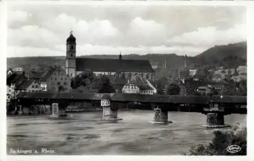 Ak Bad Säckingen am Hochrhein, Teilansicht, Brücke, Kirche, Restaurant Waldcafé am Bergsee