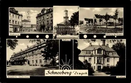 Ak Schneeberg im Erzgebirge, Siedlung des Friedens, Rathaus, Stadtinneres, Bergarbeiter-Krankenhaus