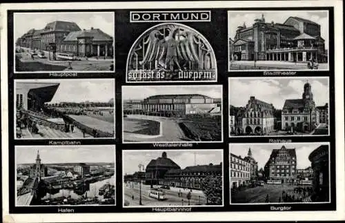 Ak Dortmund im Ruhrgebiet, Hauptpost, Stadttheater, Kampfbahn, Westfalenhalle, Rathaus, Hafen