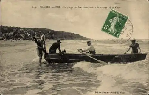 Ak Villers sur Mer Calvados, la plage par Mer montante, Lancement d'an Canot