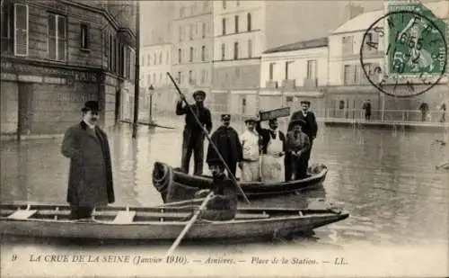 Ak Asnières sur Seine Hauts-de-Seine, Hochwasser Januar 1910, Place de la Station