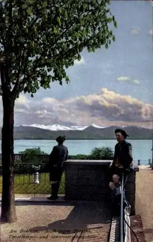 Ak Bregenz am Bodensee Vorarlberg, Blick gegen Ort, Vorarlberg und Schweizer Gebirgskette