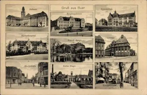 Ak Buer Gelsenkirchen Ruhrgebiet, Rathaus, Gymnasium, Marienhospital, Zeche Hugo, Schloss Berge