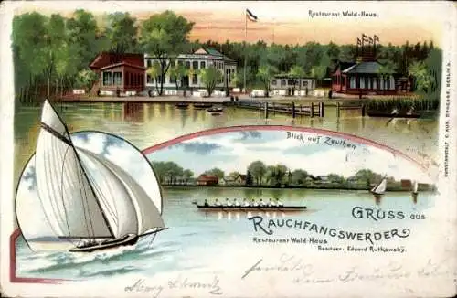 Litho Berlin Köpenick Schmöckwitz Rauchfangswerder, Segelboot, Restaurant Wald-Haus, Zeuthen