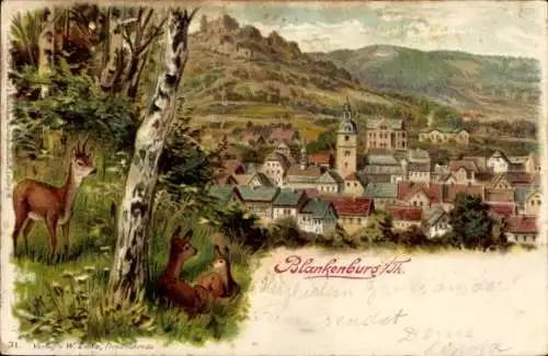 Litho Bad Blankenburg in Thüringen, Blick auf den Ort, Rehe