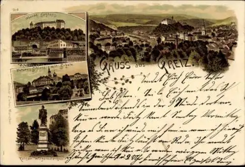 Litho Greiz im Vogtland, unteres Schloss, Schule, oberes Schloss, Kaiser Wilhelm-Denkmal