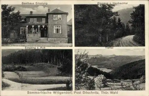 Ak Wittgendorf Saalfeld an der Saale, Eingang zur Aue, Gasthaus Erholung, Heubachtal, Panorama