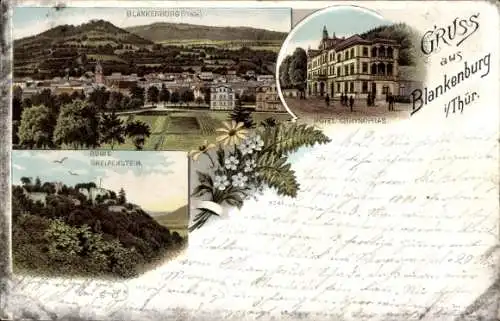 Litho Bad Blankenburg Thüringen, Hotel Chrysopras, Ruine Greifenstein, Gesamtansicht