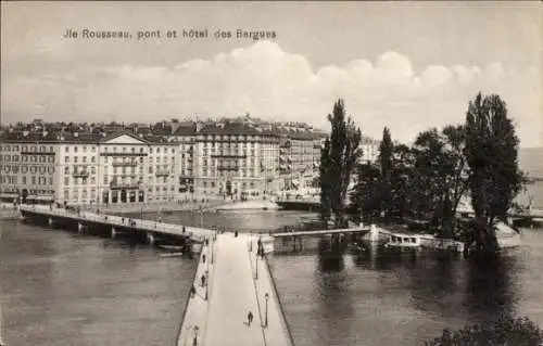 Ak Genf Genf Schweiz, Pont du Montblanc, Ile Rousseau, Hotel des Bergues