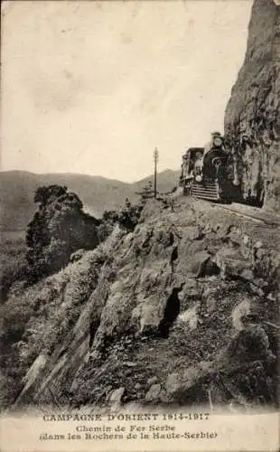 Ak Haute Serbie, Chemin de Fer Serbe, dans les Rochers, Eisenbahn