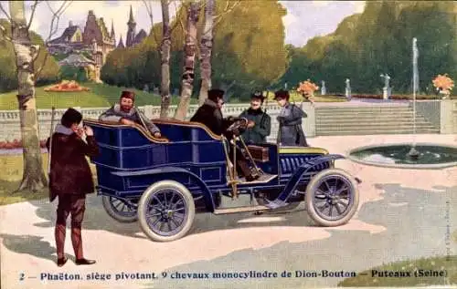 Künstler Ak Auto Phaeton, siege pivotant, 9 chevaux monocylindre de Dion Bouton, Puteaux Seine