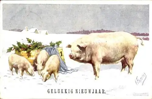 Künstler Ak Feiertag, Karl, Schweine im Schnee, Glückwunsch Neujahr, BKWI 3101-4