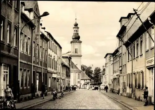 Ak Meuselwitz in Thüringen, Ernst Thälmann Straße, Geschäfte, Kirche