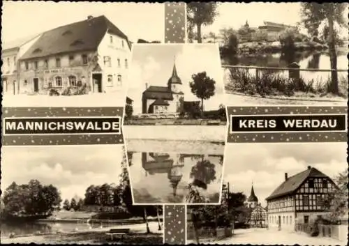 Ak Mannichswalde Crimmitschau in Sachsen, Gasthof zum roten Adler, Kirche, Fachwerkhaus