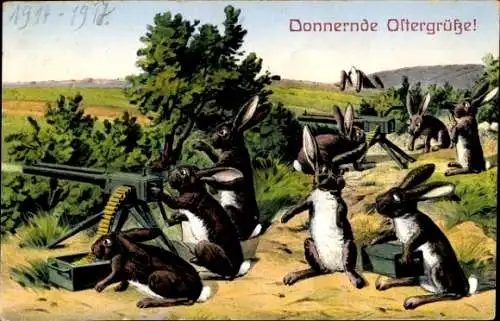 Ak Glückwunsch Ostern, Osterhasen als Soldaten, Maschinengewehr