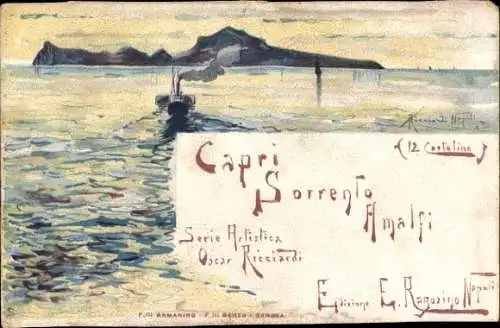 Künstler Litho Ricciardi, Sorrento Campania, Dampfer, Insel, Wasserpartie