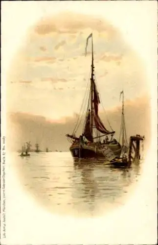 Litho Segelschiff im Hafen, Ruderboot, Hafenszene