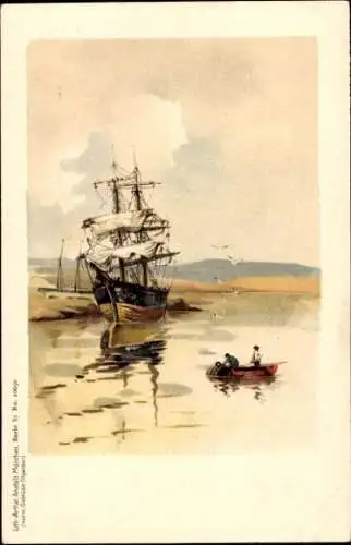 Litho Segelschiff, Ruderboot, Möwen