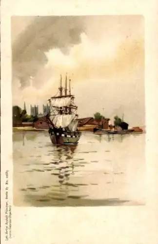 Litho Segelschiff, Im Hintergrund Häuser