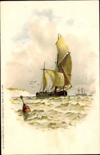 Litho Segelschiff, Boje, Wellen