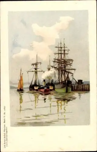 Litho Segelschiffe im Hafen, Hafenszene