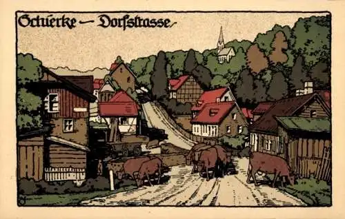 Steindruck Ak Schierke Wernigerode am Harz, Rinderherde, Dorfstraße